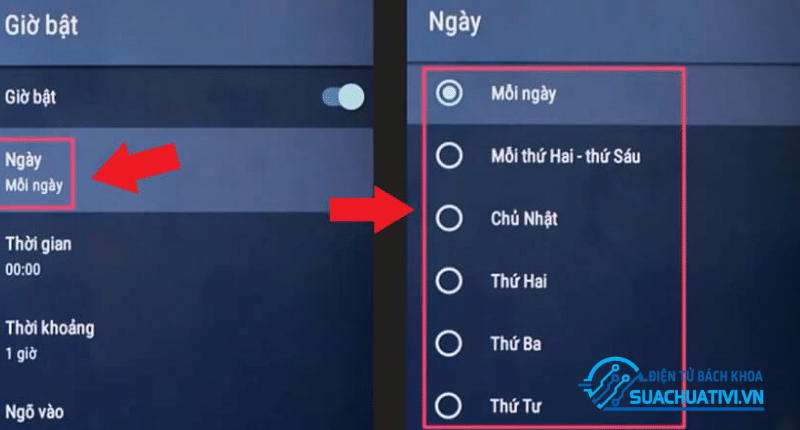 Chọn ngày bật hẹn giờ theo ý muốn. Chọn ngày bật hẹn giờ theo ý muốn.